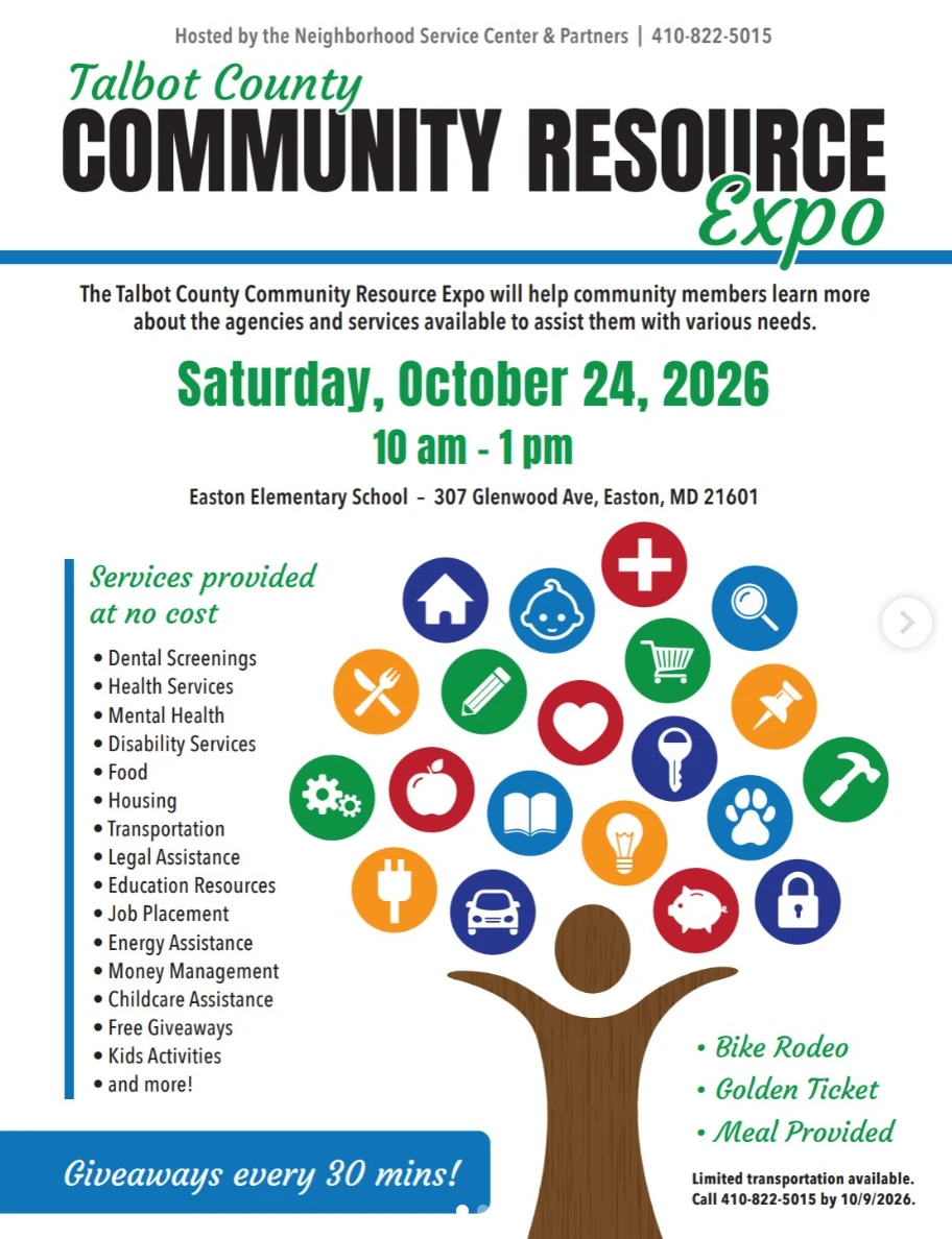 Talbot County Community Resource Expo flyer, Saturday October 24, 2026, 10 am to 1 pm, Easton Elementary School